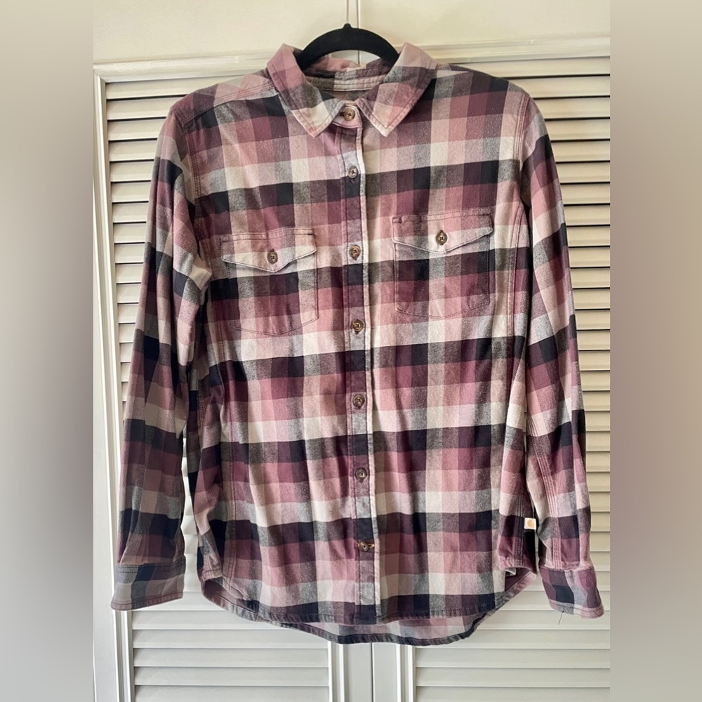 Carhartt Ladies Rugged Flex Loose Fit Midweight Flannel Purple Plaid Shirt SZ M